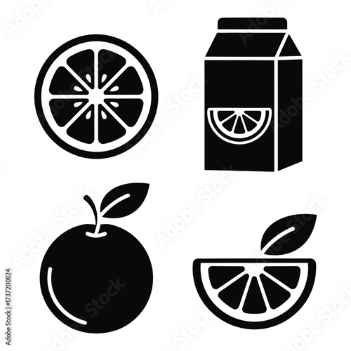 Fresh orange juice icons set citrus fruit symbols for healthy beverage food related design elements silhouette