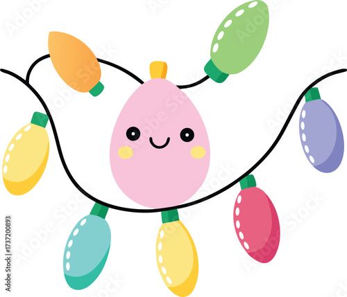 Cute cartoon Easter bunny rabbit with pink ears and butterfly friends carrying a basket of colorful eggs for the holiday celebration
