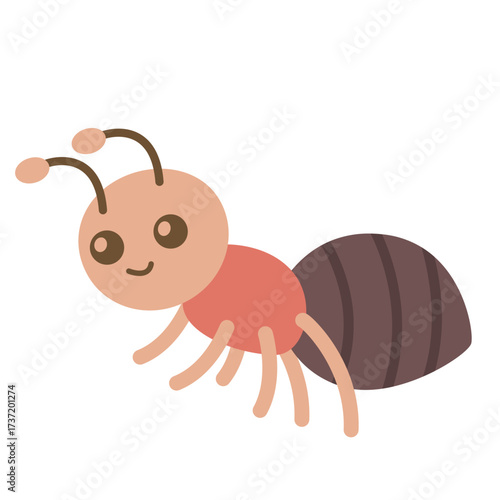 2d illustration of brown ant with six legs and segmented body, appearing in cute cartoon style.