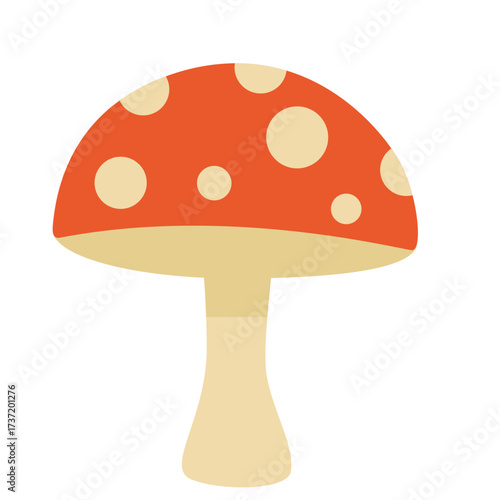 2d illustration of red mushroom with white spots and pale stem, drawn in fairy-tale cartoon style.