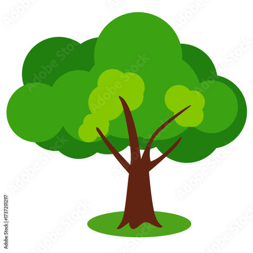 2d illustration of large green tree with full leafy canopy and thick brown trunk on white background.