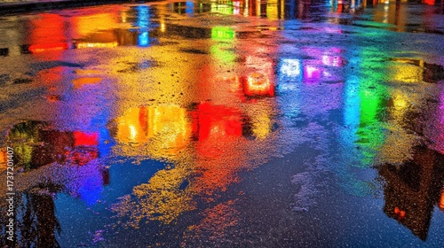 Neon reflections in puddles on a city street at night. Colorful reflections of illuminated signs in wet pavement