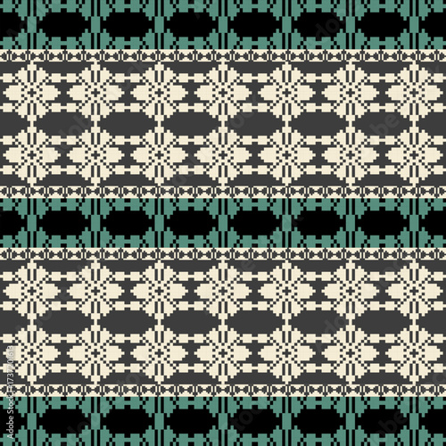 Brown-Green Tone Traditional Embroidery Art Abstract with Pixel Art Designs for Textile Print