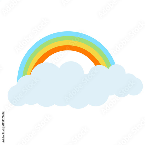 2d illustration of bright rainbow emerging from fluffy cloud, representing hope, sunlight, and cheerful weather.