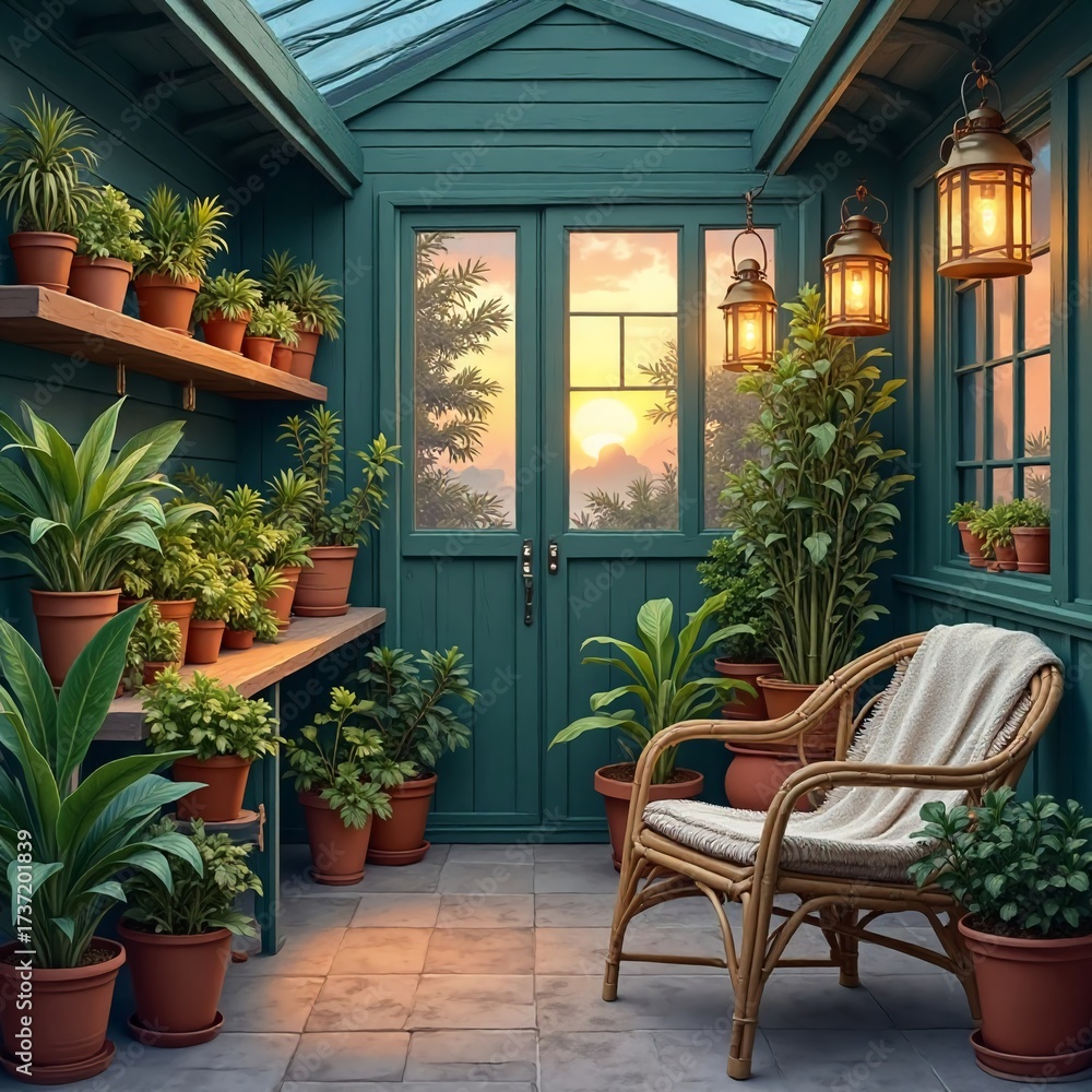 Fototapeta premium Cozy terrace garden at night with warm lights, romantic and stylish outdoor design.