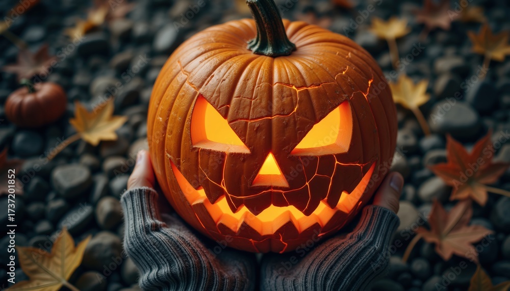 Fototapeta premium Spooky Jack-o'-Lantern with Cracks Surrounded by Autumn Leaves