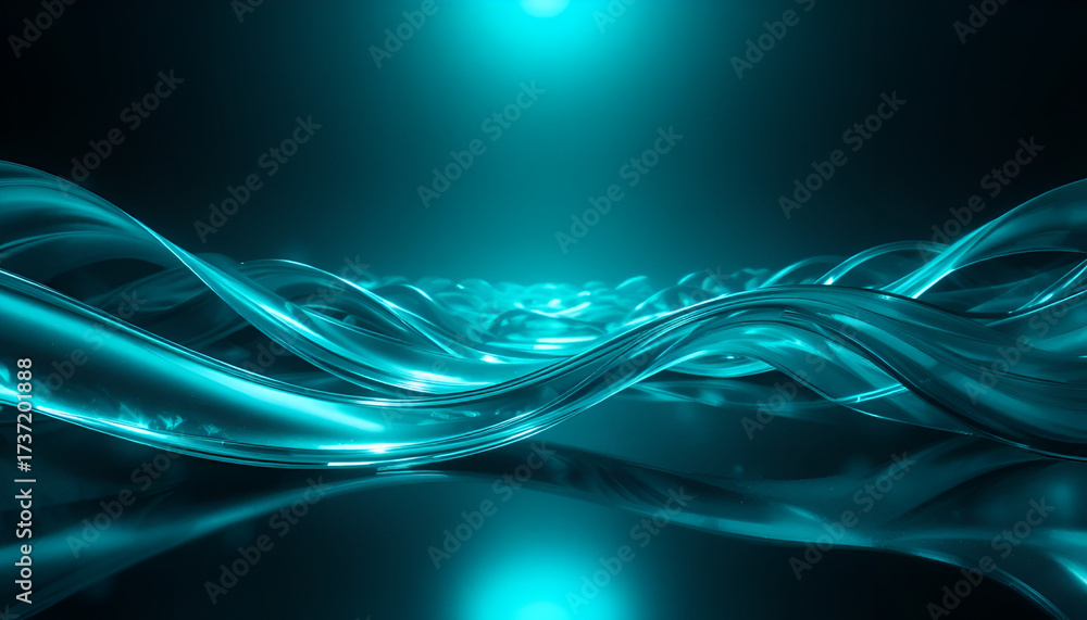Fototapeta premium Abstract turquoise waves with light rays in a dark background, 3d rendering