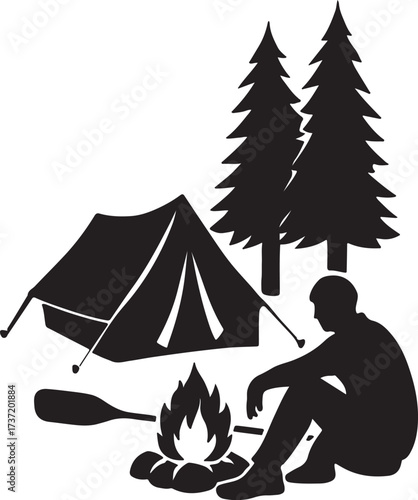 Camping Silhouette – Tent and Fire Outdoor Adventure Vector