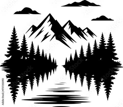 Dramatic black silhouette vector illustration showcasing a serene mountain range with towering pine trees mirrored perfectly in calm waters under cloudy skies