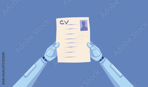 Robot Holding a Resume Doing HR Work Vector Illustration. recruitment process based on automated process and ai 
