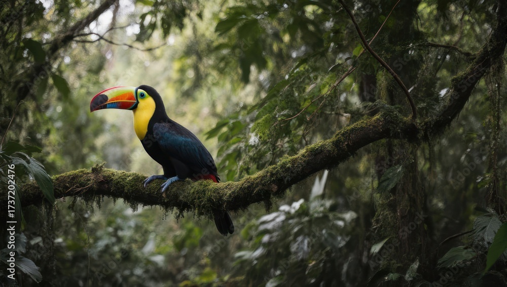 Naklejka premium Toucan perched on a mossy branch in a lush rainforest
