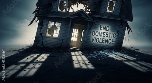 Devastated home with 'End Domestic Violence' message starkly illuminated, symbolizing destruction and urgent call to action