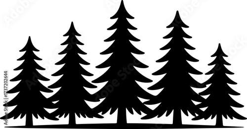 Striking Black Silhouette Vector Illustration of Evergreen Trees Forest Scene
