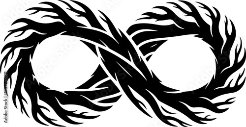 Elegant black silhouette vector illustration depicting an intricate tree branch infinity symbol, embodying endless nature, perpetual growth, and timeless continuity