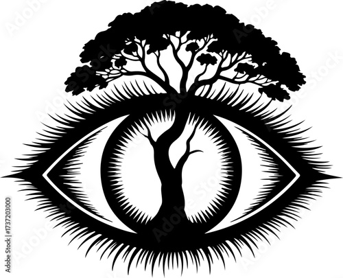 Elegant black silhouette vector art illustrating an insightful eye intertwined with a majestic tree, symbolizing growth, perception, and life