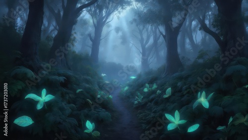 Misty forest path with glowing flora