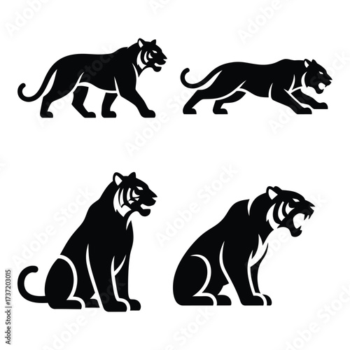 Dynamic black tiger silhouettes set powerful big cat poses for creative projects silhouette
