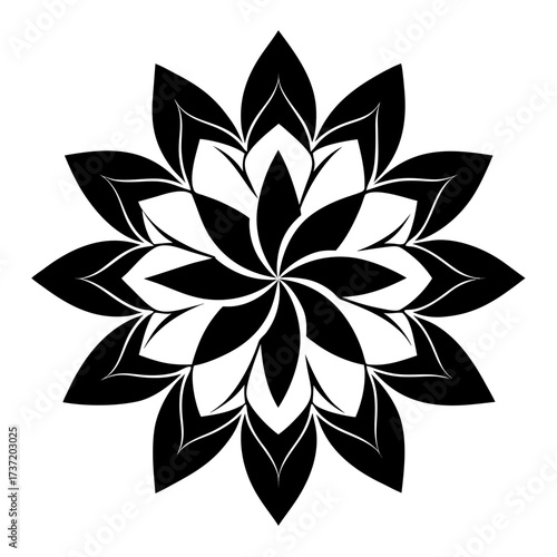 Modern geometric petals and sharp-edged blossoms, designed as an abstract vector black floral silhouette arrangement on a white monochrome background.