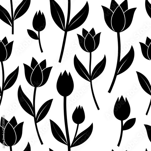 Minimalist tulip outlines and slim leaves repeated seamlessly, forming a black abstract floral silhouette with vector details on white background.