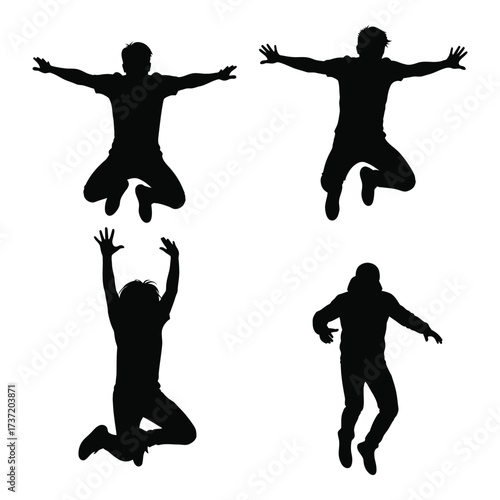 Dynamic silhouettes of people jumping joyfully captured in action poses silhouette