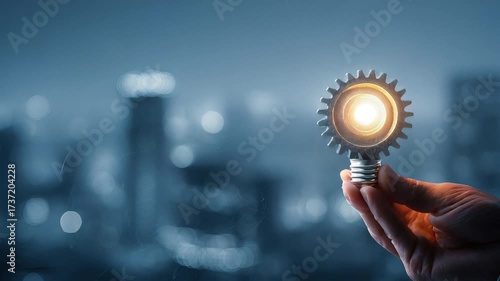 Gear Lightbulb Innovation Concept with Cityscape Background for Technological Advancement