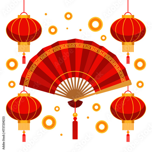 Celebratory Chinese New Year with Red Lanterns and Fan