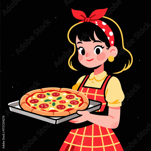 Cheerful Girl Serving Homemade Pepperoni Pizza, Retro Kitchen Style