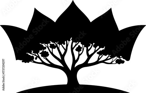 A striking black silhouette vector illustration of a majestic tree with a crown-shaped canopy