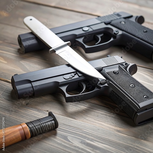 Two black handguns and a knife on a wooden surface