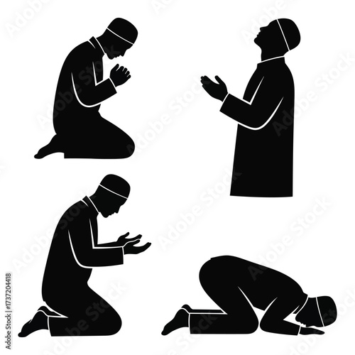 Islamic prayer silhouettes four diverse poses of muslim worshipers in devotion and reverence silhouette