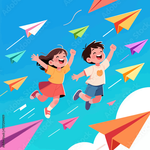 Children Jumping with Paper Planes in Joyful Blue Sky