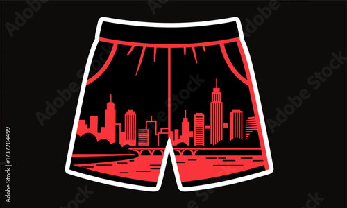 Cityscape Swim Shorts: Urban Night Skyline, Empire State, Bridge, Black and Red