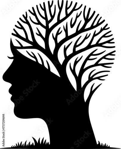 A striking black silhouette of a human profile featuring an intricate tree, symbolizing mental growth, environmental awareness, and inner wisdom