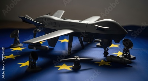 Military drone model on european union flag, symbolizing defense and security strategy