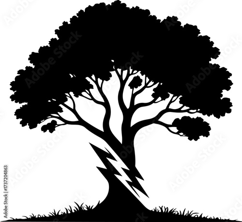 A powerful and striking black silhouette vector illustration of a tree being shattered by a bolt of lightning
