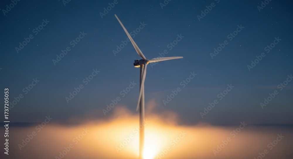 Obraz premium Modern wind turbine generating clean energy at night with a dramatic glowing horizon