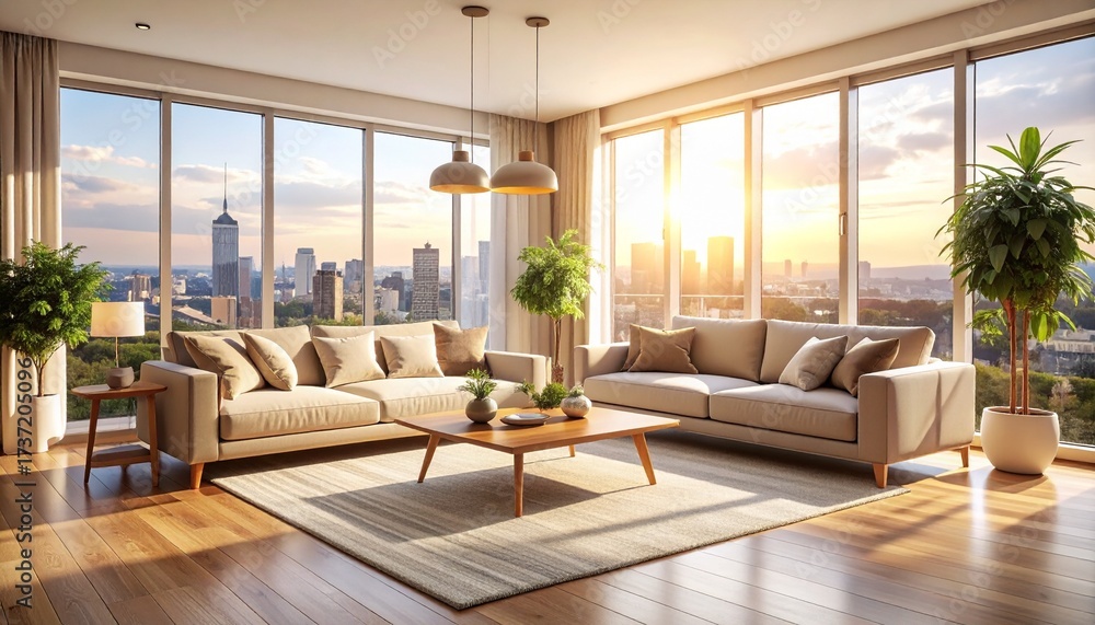 Fototapeta premium Cozy Living Room Interior with City View and Sunlight A Peaceful and Modern Design