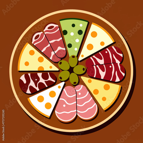 Colorful Pizza Slices with Olives on Brown Background