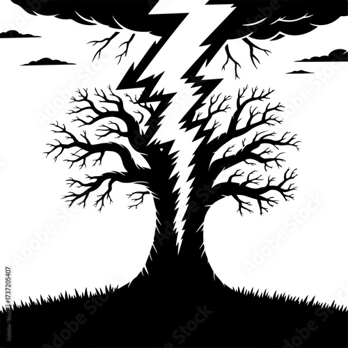 Silhouette of a large tree struck by a powerful lightning bolt, set against a stormy sky