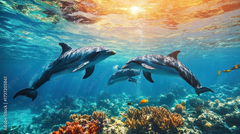 Fototapeta premium Three dolphins swim amidst vibrant coral reef, sunbeams pierce the water