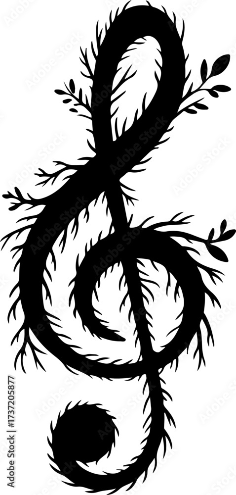 Obraz premium Elegant treble clef silhouette with an organic, rustic branch texture, a striking black vector music symbol