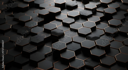 Dynamic abstract hexagonal pattern in black and gold, creating a modern, luxurious texture for design and branding projects
