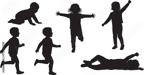Children silhouette running, jumping, crawling, standing, lying down, playful activity, happy lifestyle, joyful childhood, carefree kids, family fun, innocence, growth, outdoor energy