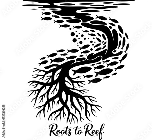 Roots to Reef A Stunning Silhouette Illustration of Aquatic Life and Natural Systems