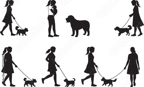 Dog walking silhouettes, pet interaction, jogging with dog, hugging dog, leash activity, black vector icons, animal companionship, outdoor pet exercise