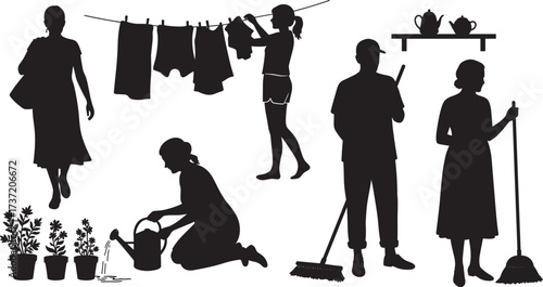 Domestic activity silhouettes, household chores, cleaning, gardening, clothes hanging, sweeping, mopping, watering plants, black vector icons, everyday task, home lifestyle illustration