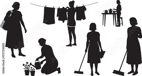 Domestic activity silhouettes, household chores, cleaning, gardening, clothes hanging, sweeping, mopping, watering plants, black vector icons, everyday task, home lifestyle illustration