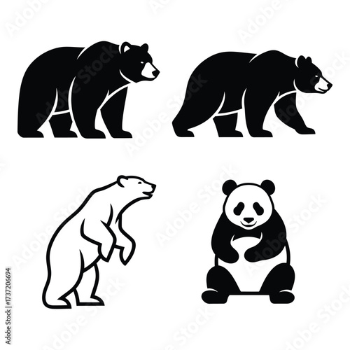 Set of diverse bear silhouettes featuring grizzly panda and polar bear designs for various creative applications silhouette