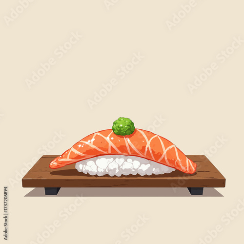 Delicious Salmon Sushi on Wooden Board with Wasabi