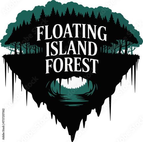 Captivating graphic vector silhouette showcasing a mystical floating island forest with an intriguing underworld river pathway